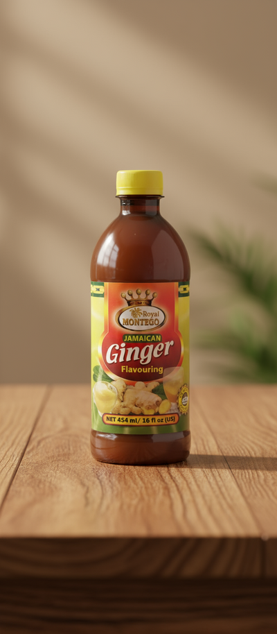 A bottle of Montego Ginger Flavor, 16 oz, with a label showing ginger roots and text.