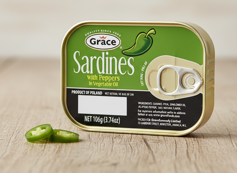 A can of Grace Sardines with Peppers in vegetable oil, with branding and nutritional information visible.