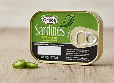 A can of Grace Sardines with Peppers in vegetable oil, with branding and nutritional information visible.