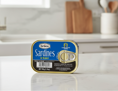 A can of Grace Sardines in Water, 3.74 oz, with labeling including the product of Poland and nutritional information.