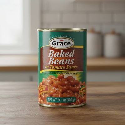 Can of Grace Baked Beans in Tomato Sauce on a white background