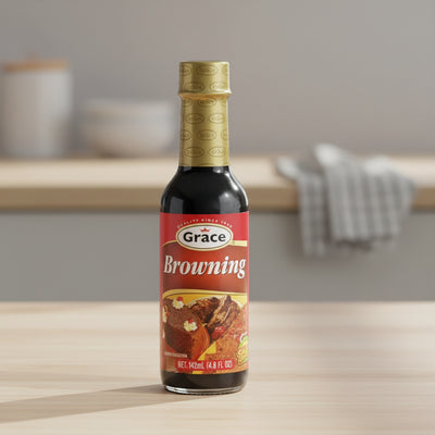 Bottle of Grace Browning sauce on a white background
