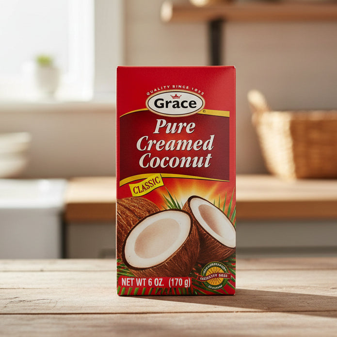 Packaging of Grace Pure Creamed Coconut, 6 oz, with the brand logo and coconut image on the front.