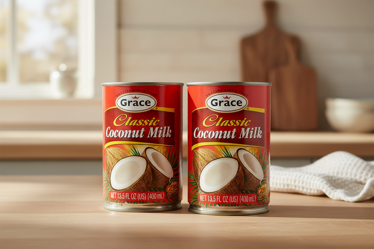 A can of Grace Classic Coconut Milk, 13.5 oz (380 mL), with a red and yellow label featuring an image of a coconut.