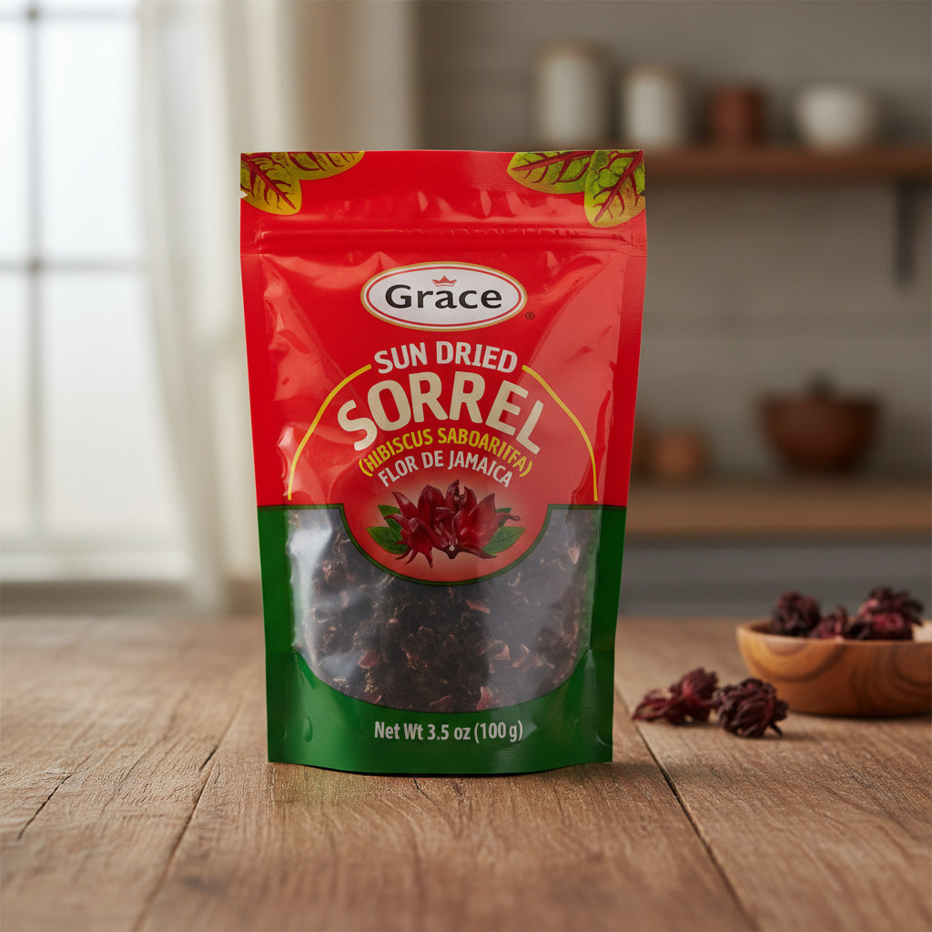 Red and green package of Grace Sun Dried Sorrel on a white background