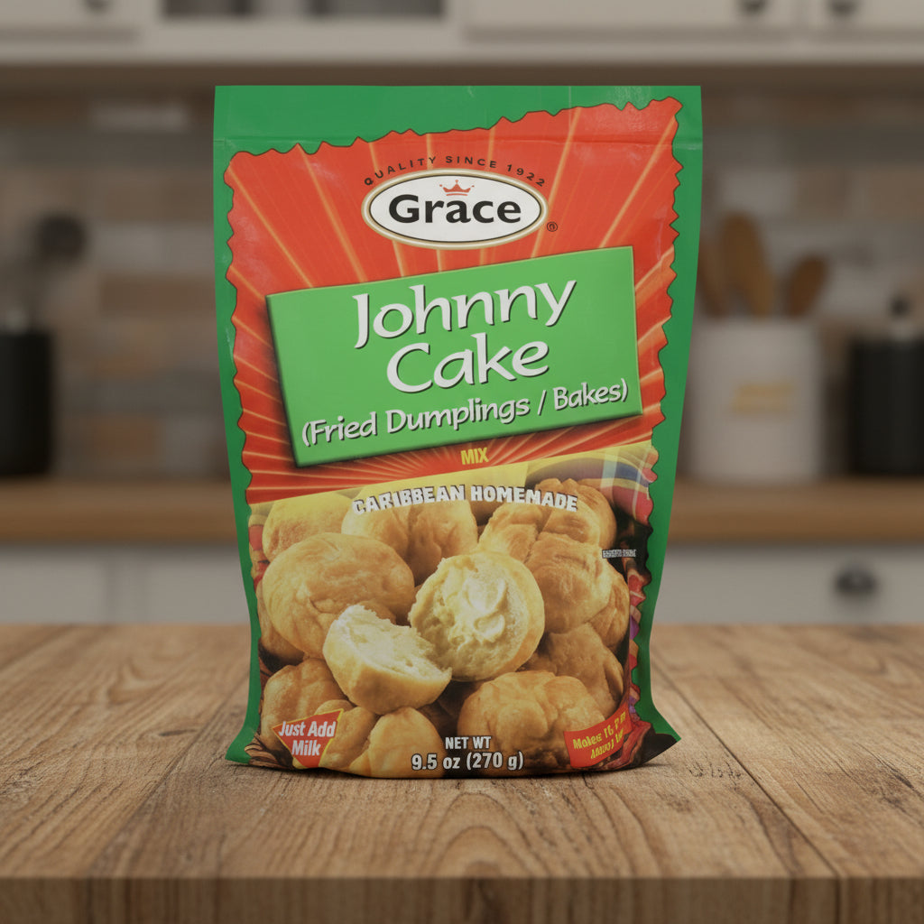Packaging of Grace Johnny Cake mix with green and red design