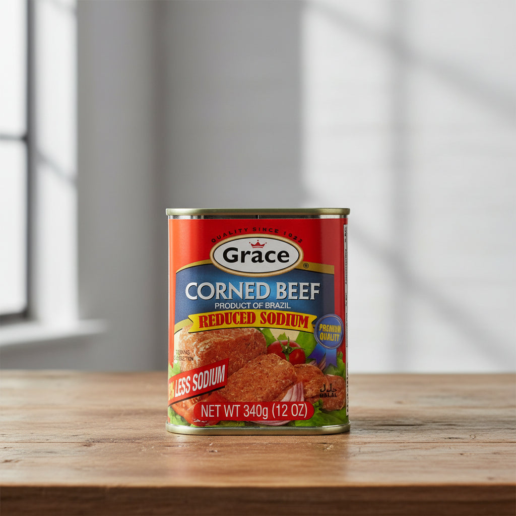 Can of Grace Corned Beef with reduced sodium label on a white background
