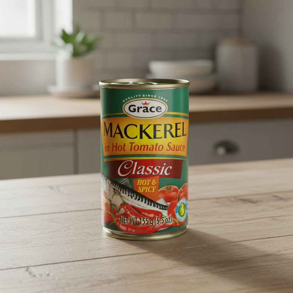 Can of Grace Mackerel in Hot Tomato Sauce on a white background