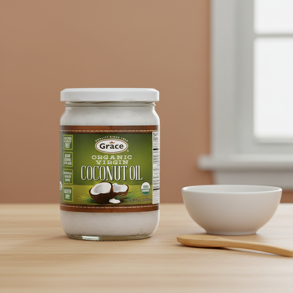 Jar of Grace Organic Virgin Coconut Oil on a white background