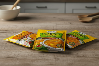 Three packages of Grace flavored soup mix on a white background