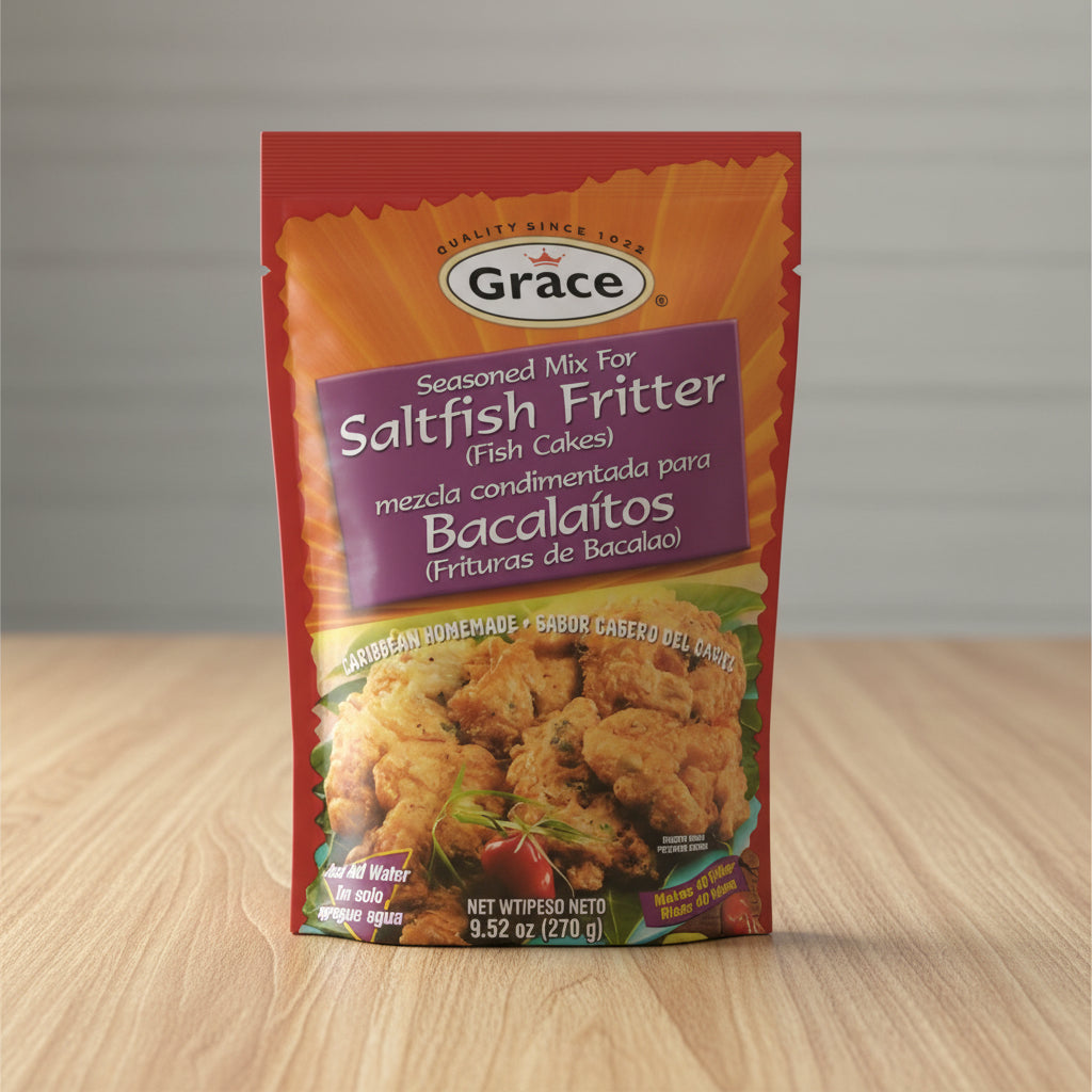 Grace seasoned mix for saltfish fritter on a white background