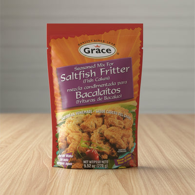 Grace seasoned mix for saltfish fritter on a white background