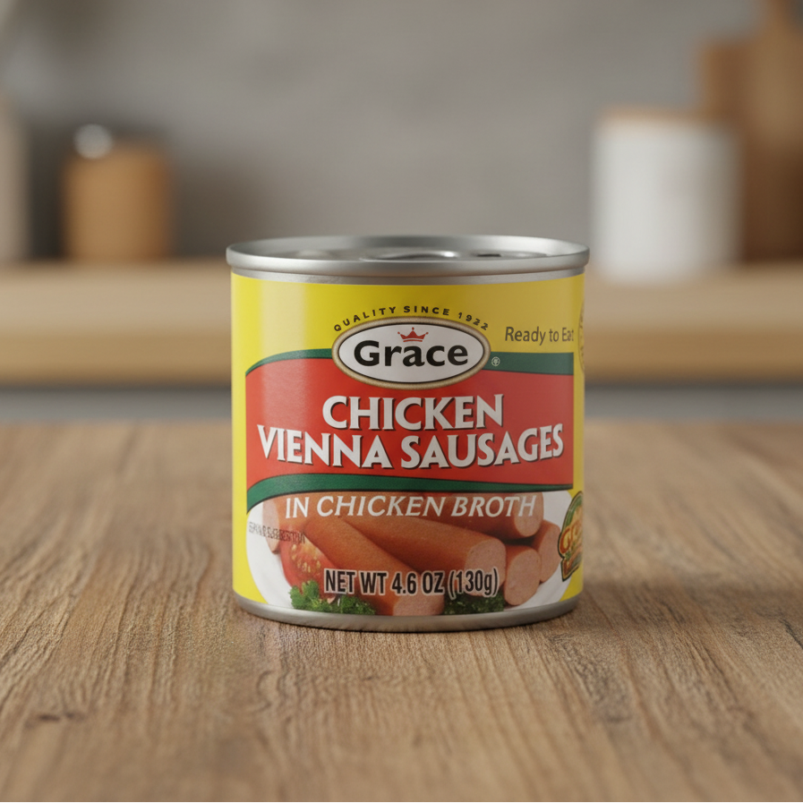 Can of Grace Chicken Vienna Sausages in Chicken Broth on a white background
