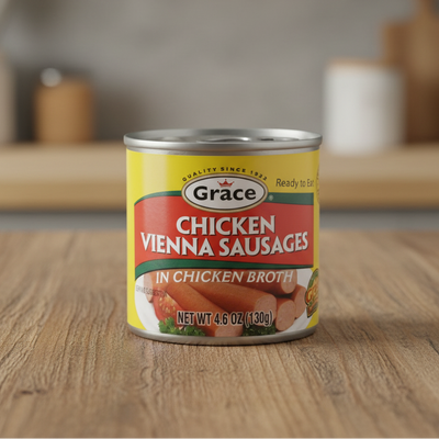 Can of Grace Chicken Vienna Sausages in Chicken Broth on a white background