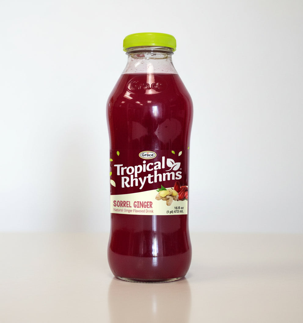 Bottle of Grace Tropical Rhythms Sorrel Ginger juice on a white background