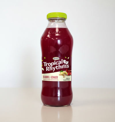 Bottle of Grace Tropical Rhythms Sorrel Ginger juice on a white background