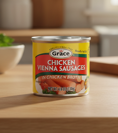 Can of Grace Chicken Vienna Sausages in chicken broth on a white background