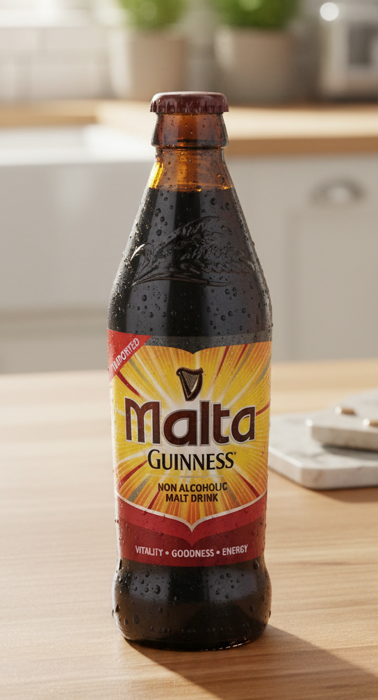 Bottle of Malta Guinness non-alcoholic malt drink with a red label.