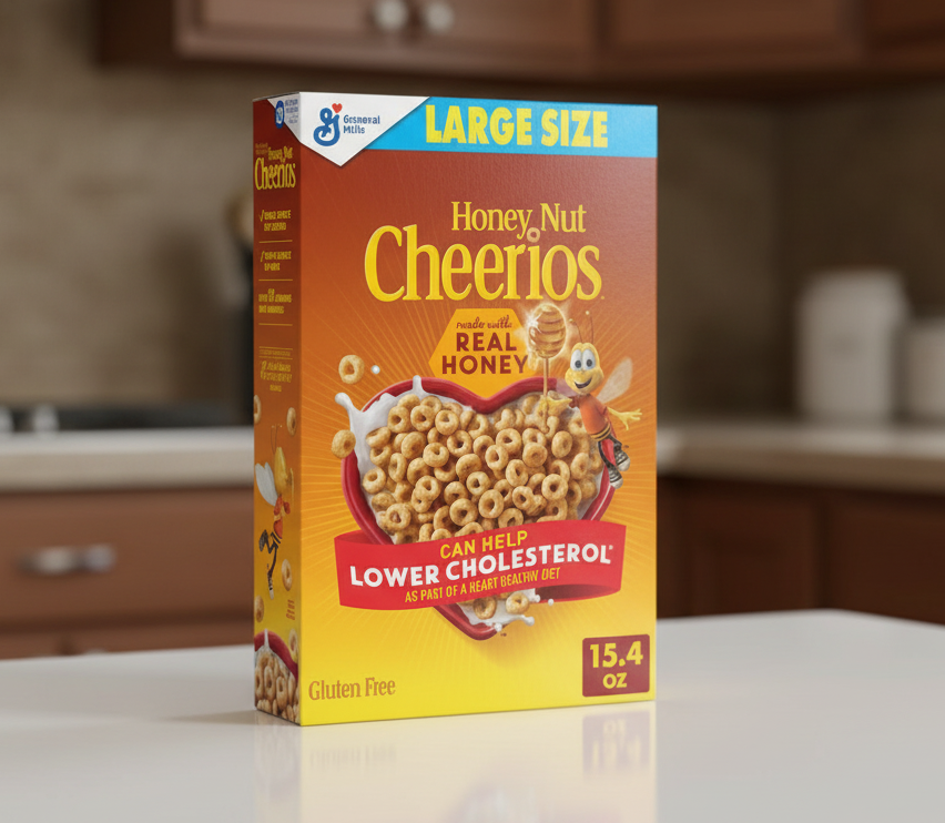 Box of Honey Nut Cheerios cereal with a bee character on a white background