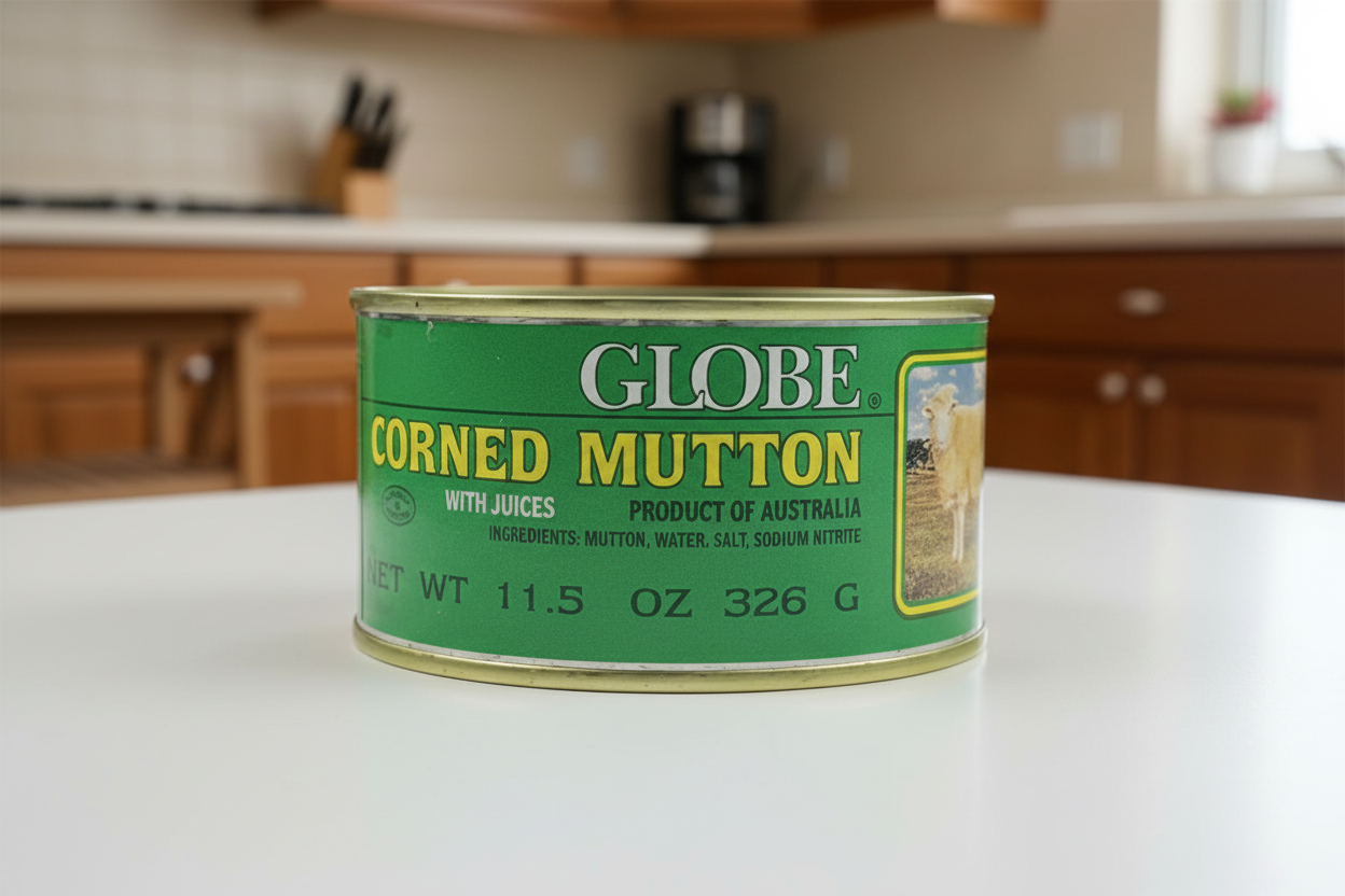 Can of Globe Corned Mutton with Quince Supermarket logo on a white background