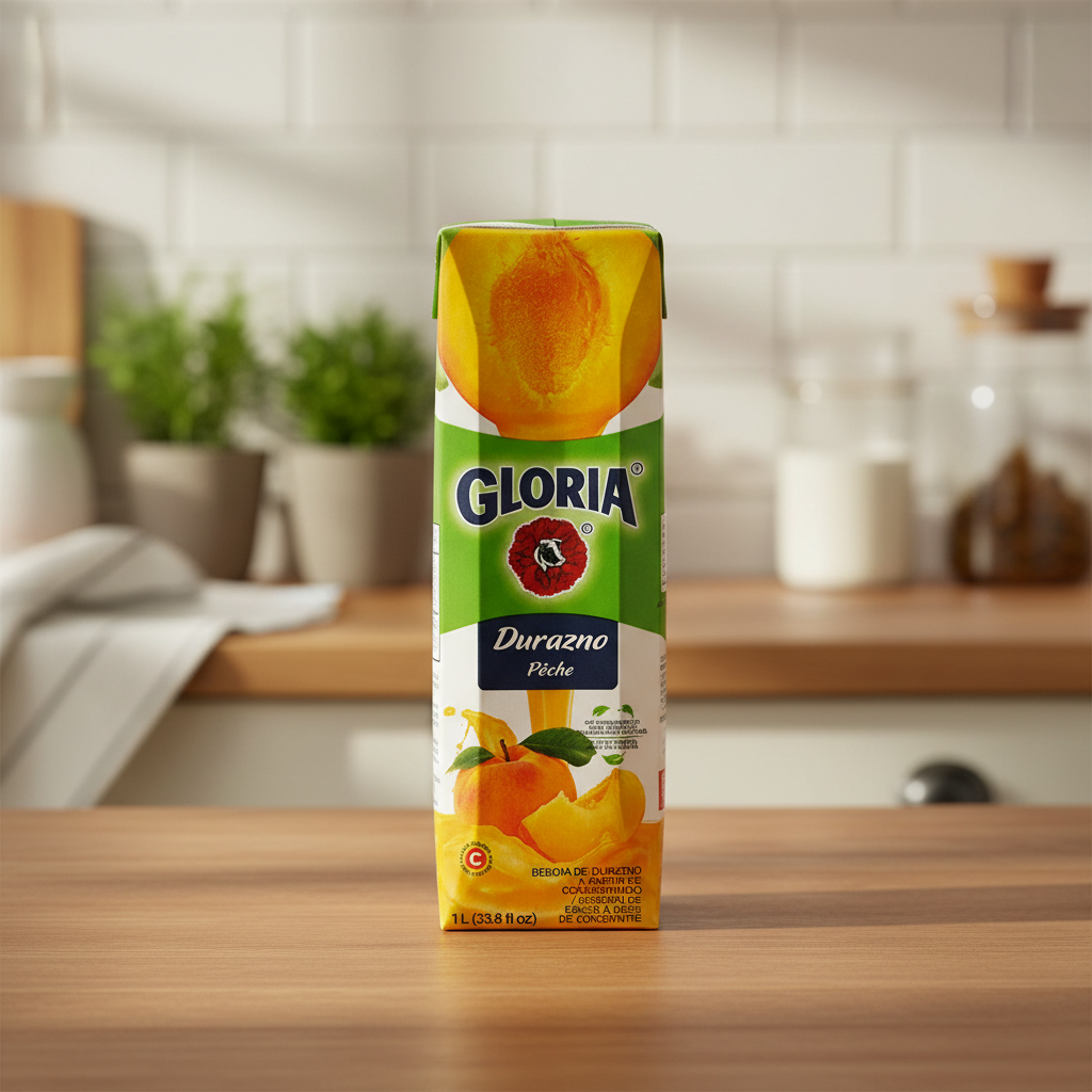 Gloria Durazno peach juice box on a white background