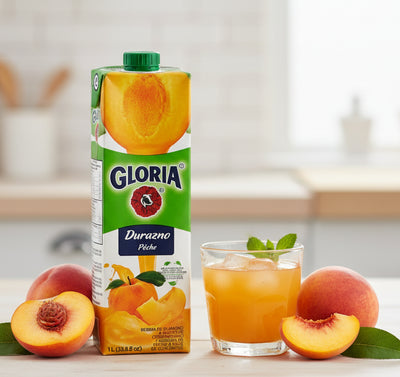 Gloria Durazno peach juice box on a white background
