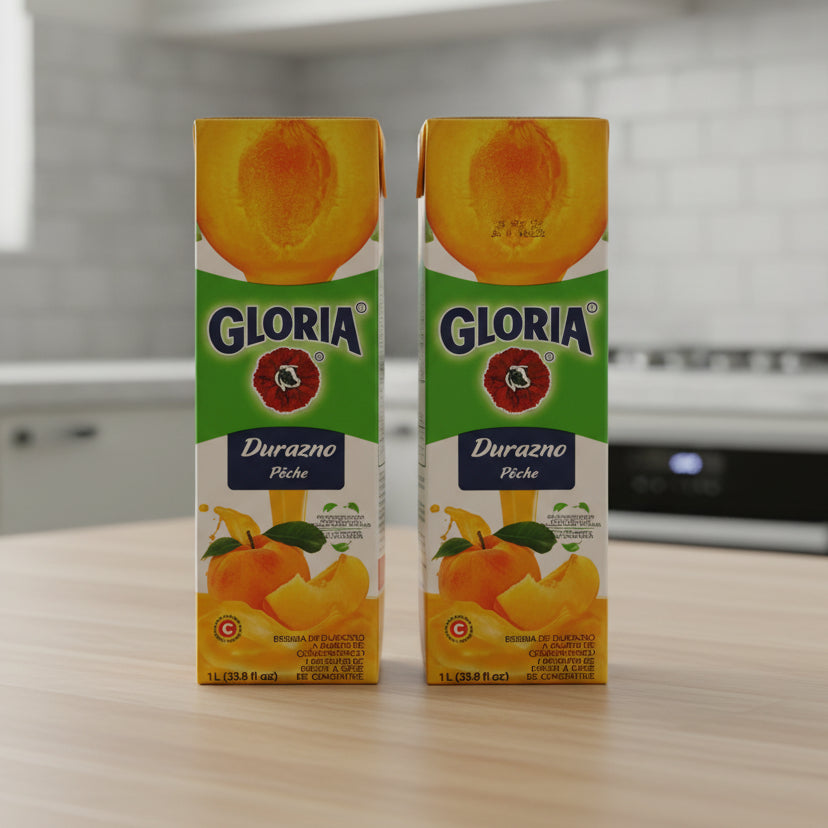 Gloria Durazno peach juice box on a white background