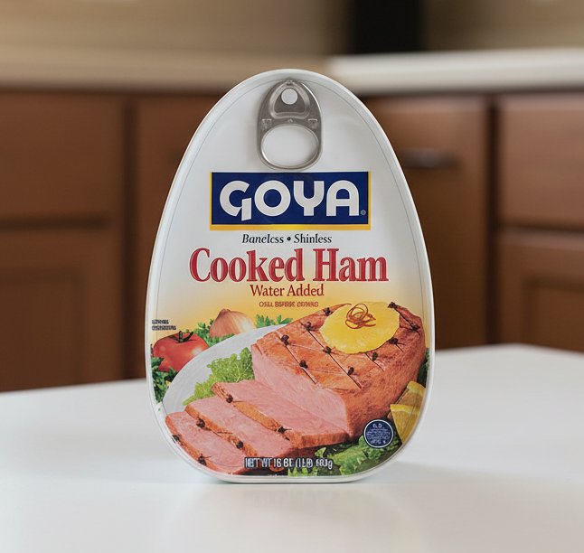 Goya brand cooked ham packaging on a white background