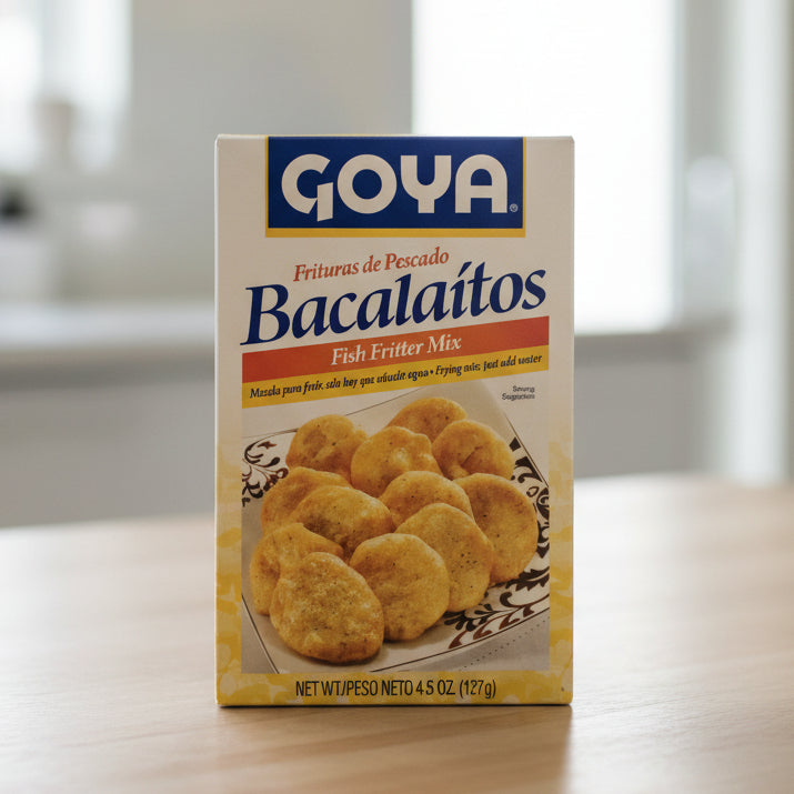 Goya Bacaláitos fish fritter mix packaging on a white background