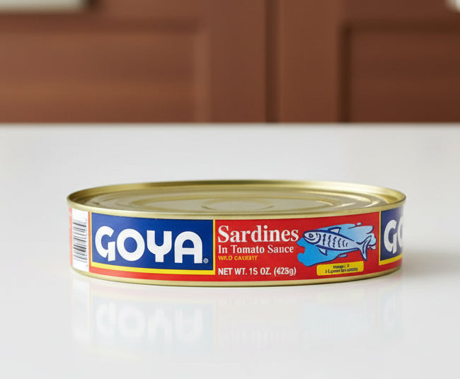 Canned sardines with Goya label on a white background