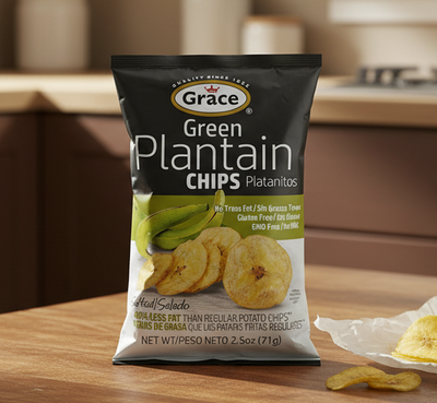 Bag of Grace Green Plantain Chips on a white background