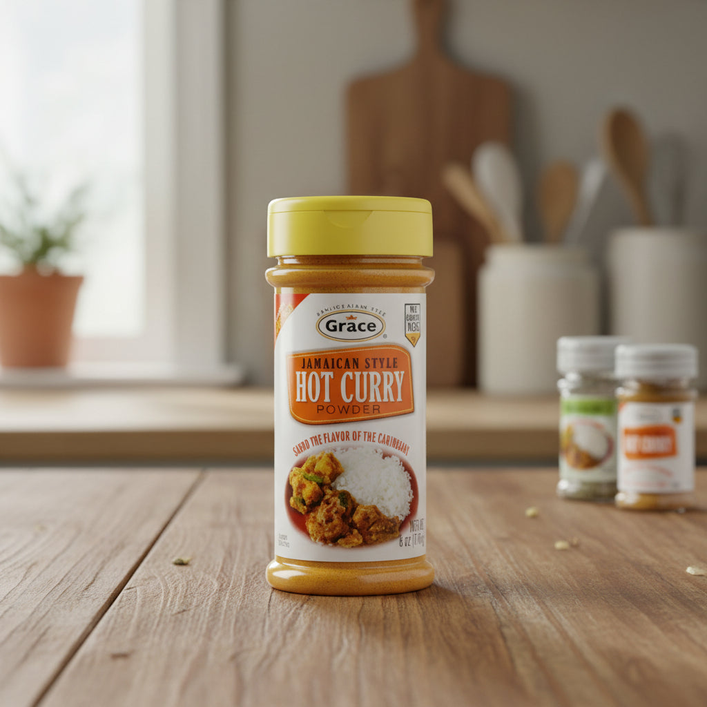 Jamaican Style Hot Curry seasoning container with a colorful label on a white background