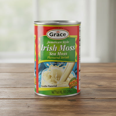 Can of Grace Jamaican Style Irish Moss Sea Moss Flavored Drink on a white background