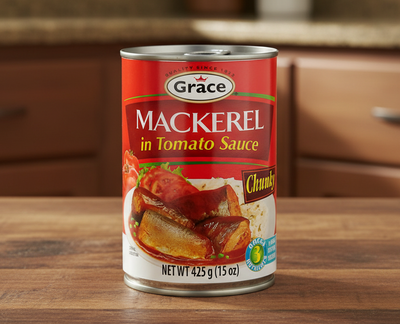 Can of Grace Mackerel in Tomato Sauce on a white background