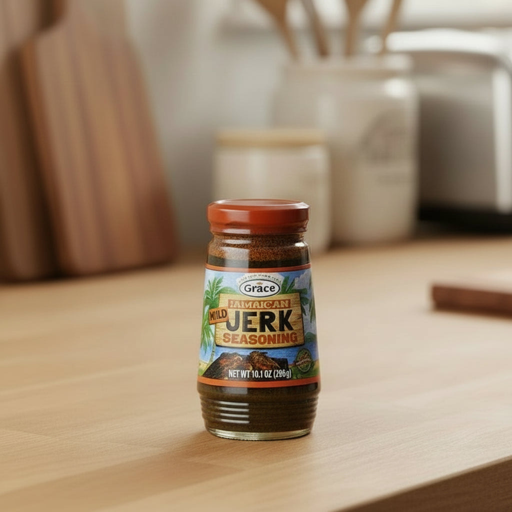 Four bottles of Grace Jamaican Jerk Seasoning on a white background