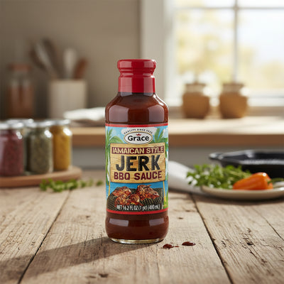 Bottle of Grace Jamaican Style Jerk BBQ Sauce on a white background