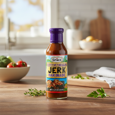 Bottle of Grace Jamaican Style Jerk Marinade on a white background