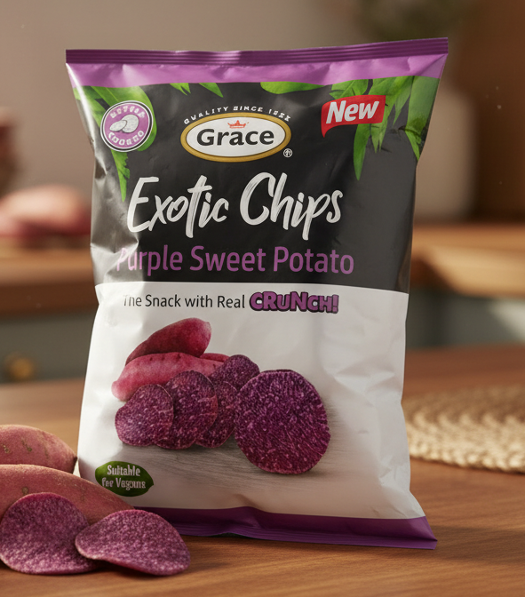 Package of Grace Exotic Chips Purple Sweet Potato on a white background