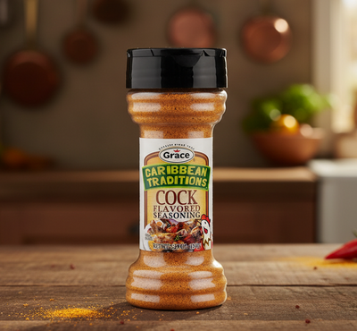 Bottle of Grace Caribbean Traditions Cock Flavored Seasoning on a white background