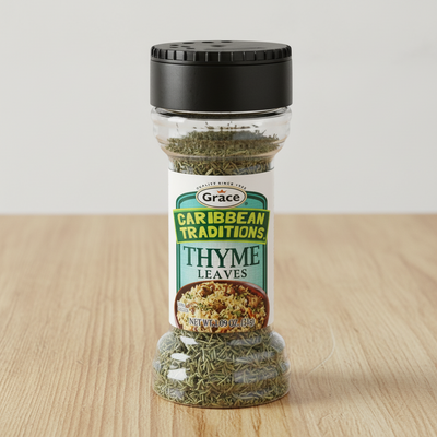 Spice container labeled 'Caribbean Traditions Thyme Leaves' by Grace on a white background