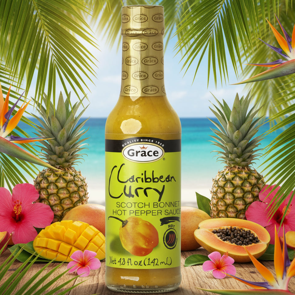 Bottle of Grace Caribbean Curry Scotch Bonnet Hot Pepper Sauce on a white background