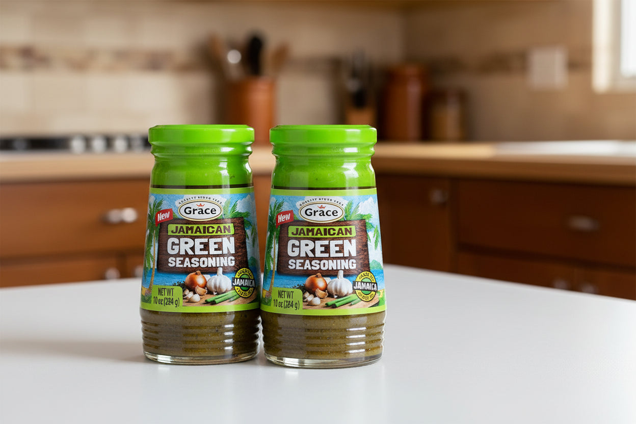 Two jars of Grace Jamaican Green Seasoning on a white background