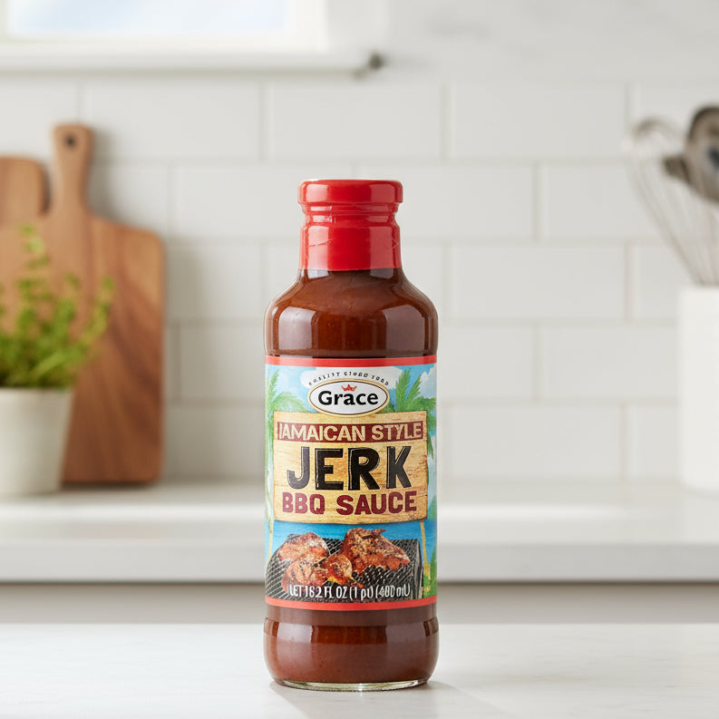 Bottle of Grace Jamaican Style Jerk BBQ Sauce on a white background