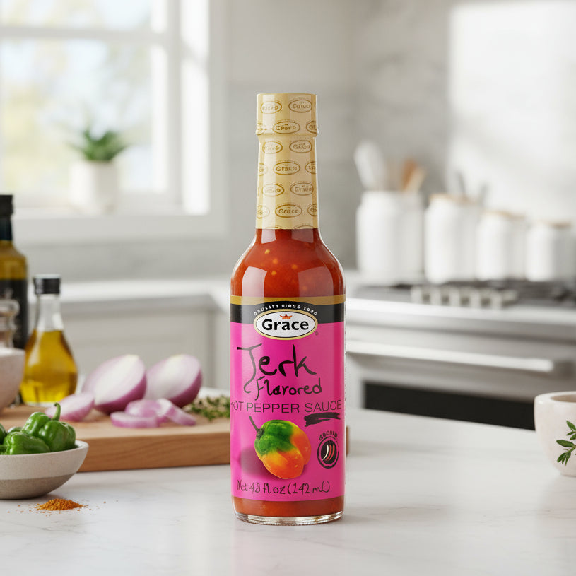 Bottle of Grace Jerk Flavored Hot Pepper Sauce on a white background