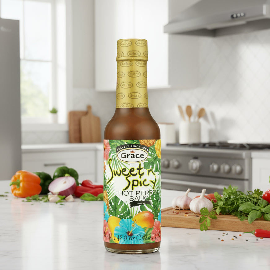 Bottle of Grace Sweet 'n Spicy hot pepper sauce on a white background