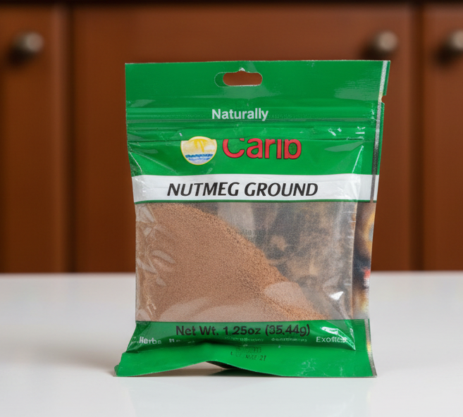 Green package of ground nutmeg with Carib branding on a white background
