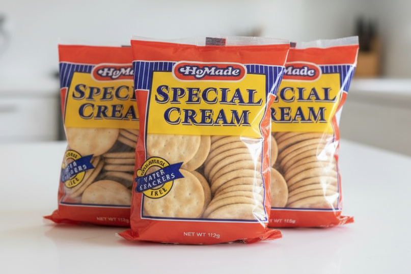 Four packages of HOMADE SPECIAL CREAM CRACKERS, 112GR/4PK, with visible crackers in a clear plastic window.