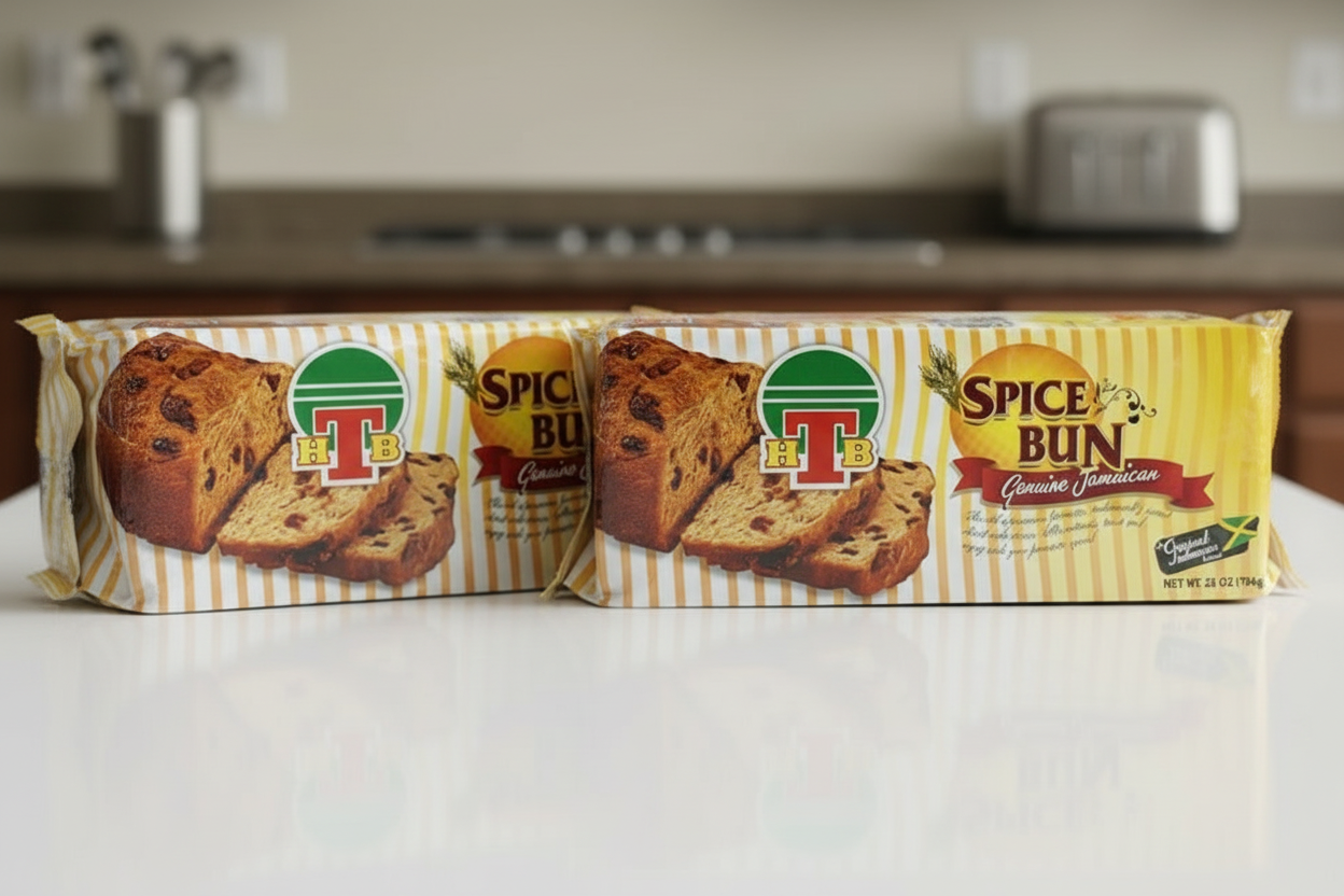 Packaged Spice Bun with H.T.B. branding on a kitchen counter.