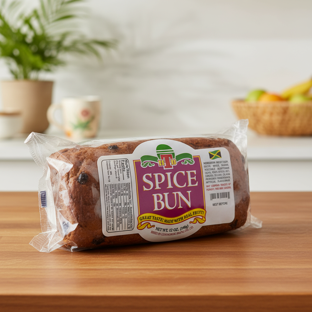 Packaged spice bun with a visible label on a white background