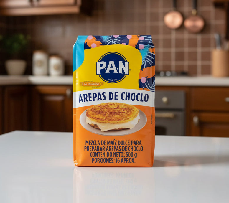 Bag of Arepas de Choclo with Pan brand logo on a white background